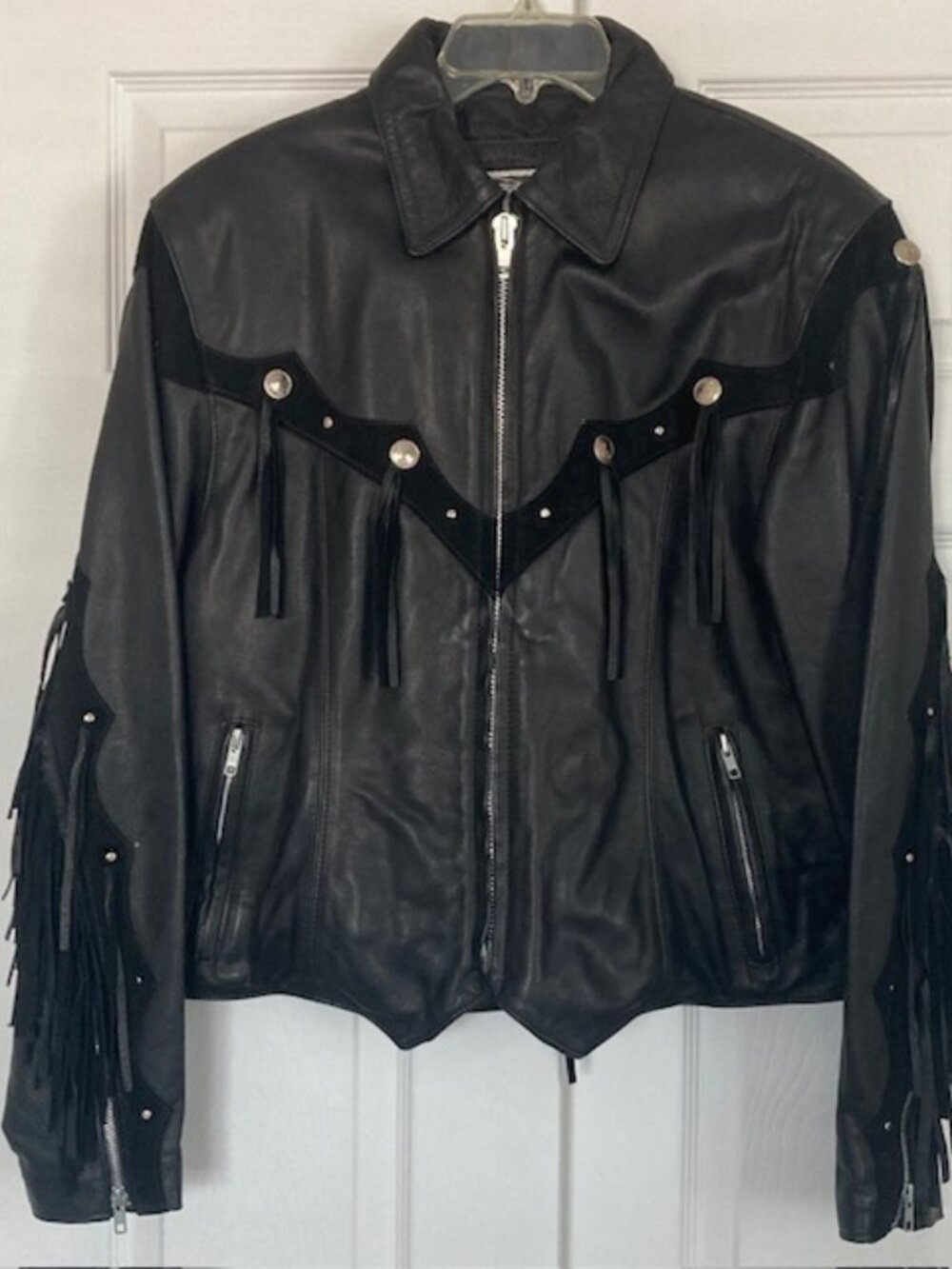 Dallas Premium Black Leather Jacket Fringe Rose Decal Embroidery on Back Size 14